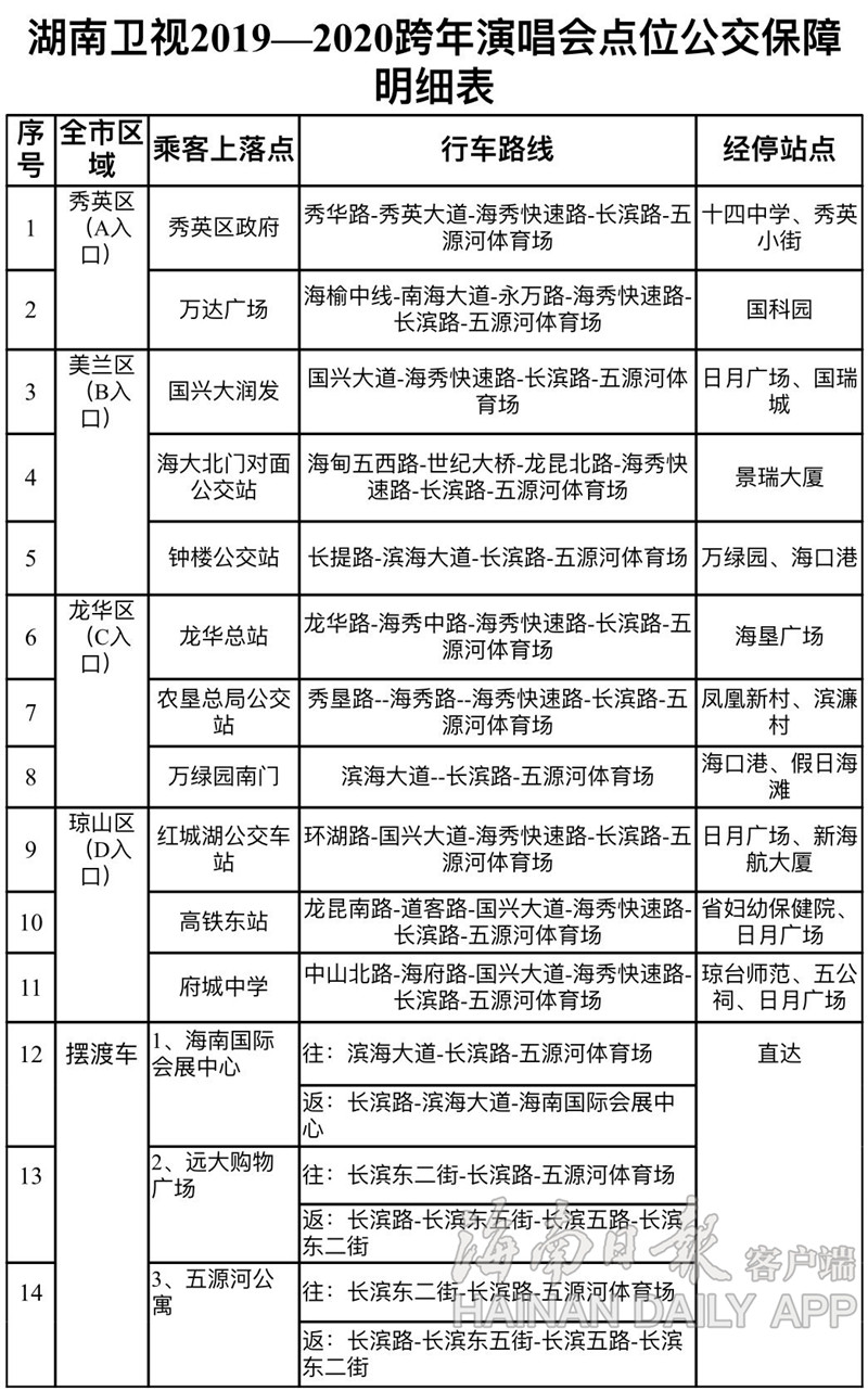 12月31日海口14条免费公交专线接你看湖南卫视跨年演唱会