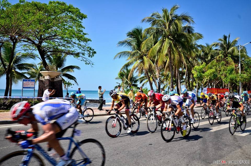 图为环海南岛自行车赛,选手在奋力追逐